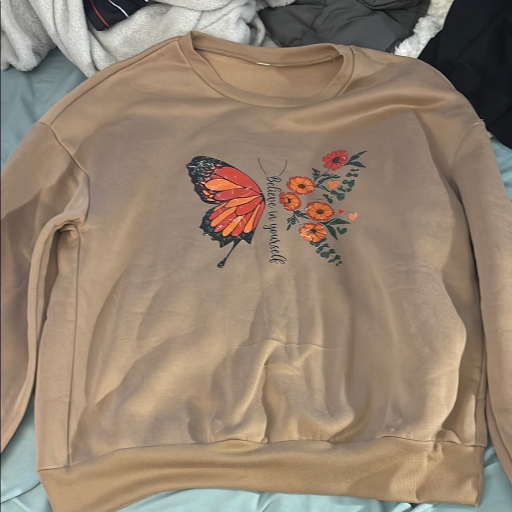 SHEIN Tan Sweatshirt with Butterfly and Floral Design